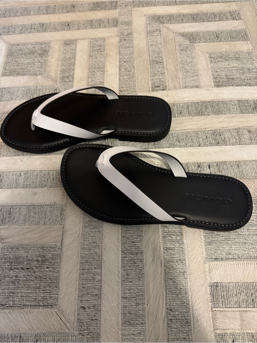 Coach Black Footbed White Strap Flip Flop Sandals